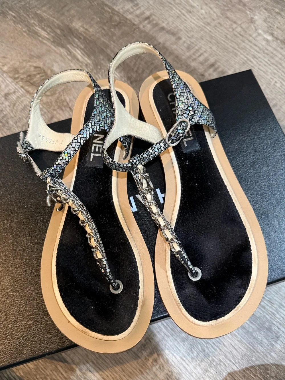 Authentic Chanel Silver/Ivory leather thong sandals